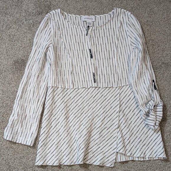 PECK & PECK White/Black Striped Fit & Flare Top; Roll-Tab Sleeves; Size S - Picture 4 of 7